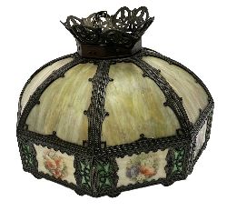 LARGE LEADED GLASS AND CAST METAL HANGING LIGHT
