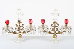 PAIR OF GILT-METAL AND CRYSTAL CANDELABRAS WITH RUBY GLASS FINIALS
