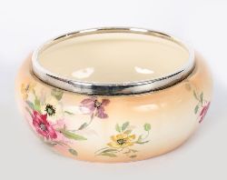 VICTORIAN PINK LUSTRE CERAMIC BOWL WITH SILVER-PLATED RIM, LATE 19TH CENTURY