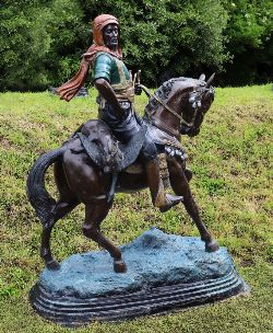 LARGE BRONZE ORIENTALIST GARDEN STATUE OF A MOORISH HORSEMAN