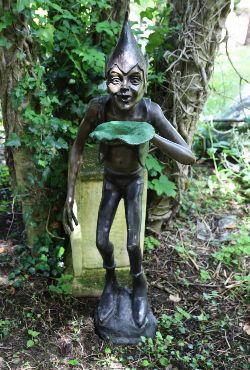 BRONZE GARDEN SCULPTURE - MISCHIEVOUS ELF WITH LEAF DISH