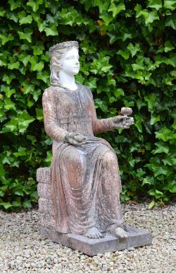 20TH-CENTURY COLOURED MARBLE SCULPTURE OF SEATED LADY WITH FLOWER
