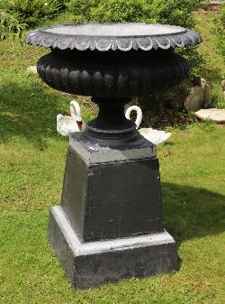 LARGE ESTATE CAST IRON CAMPANA URN ON PLINTH