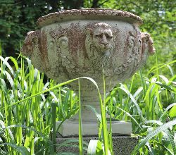 COMPOSITE STONE CAMPANA URNS WITH LION MASK HANDLES