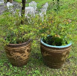 PAIR OF LARGE CHINESE GLAZED CERAMIC PLANTERS WITH BIRD AND WAVE MOTIF