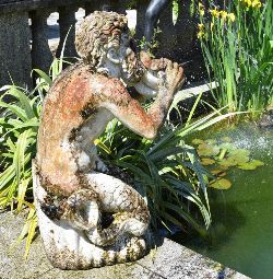 CARVED LIFESIZE MARBLE SCULPTURE WATER FEATURE OF NEPTUNE BLOWING ON WATER LILY