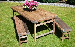 HARDWOOD AND METAL FOLDING PATIO TABLE AND TWO MATCHING BENCHES