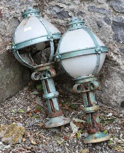 PAIR OF ANTIQUE COPPER AND CAST IRON STREET LIGHTS