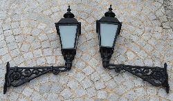 PAIR OF VICTORIAN STYLE CAST IRON WALL LIGHTS ON MATCHING BRACKETS WITH FROSTED GLASS PANELS