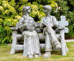 LIFESIZE BRONZE SCULPTURE OF LADY AND GENT SEATED ON GARDEN BENCH