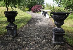 PAIR LARGE MOULDED STONE GARDEN URNS