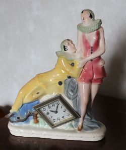 ART DECO CERAMIC CLOCK WITH PIERROT FIGURES