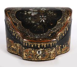 VICTORIAN PAPIER-MACHE STATIONERY BOX WITH MOTHER-OF-PEARL INLAY