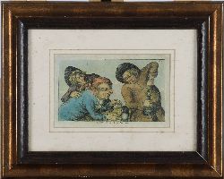 FRAMED COLOURED PRINT, 18TH-CENTURY TAVERN SCENE