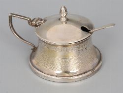 SILVER MUSTARD POT WITH SPOON IN CASE, BIRMINGHAM 1935