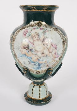 LIMOGES HAND-PAINTED PORCELAIN VASE WITH PUTTI DECORATION