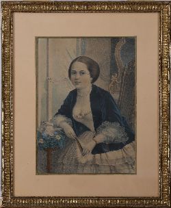 19TH-CENTURY COLOUR ENGRAVING, SEATED LADY IN BLUE
