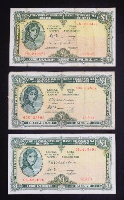 GROUP OF 3 CENTRAL BANK OF IRELAND 'LADY LAVERY' ONE POUND NOTES