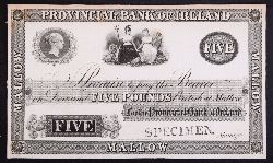 PROVINCIAL BANK OF IRELAND FIVE POUNDS, SPECIMEN NTOE, STAMPED "BRITISH AT MALLOW"