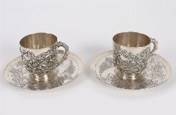 PAIR OF CHINESE SILVER DEMITASSE CUPS AND SAUCERS
