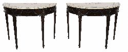 PAIR OF LATE 19TH-CENTURY NEOCLASSICAL DEMI-LUNE CONSOLE TABLES WITH INLAID MARBLE TOPS