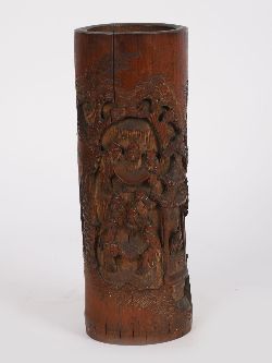 FINELY CARVED CHINESE QING DYNASTY BAMBOO BRUSHPOT