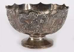 CHINESE OR JAPANESE SILVER BOWL WITH DRAGON RELIEF