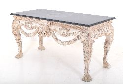 GEORGE III STYLE PAINTED MAHOGANY CONSOLE TABLE WITH CENTRAL CARVED LION MASK