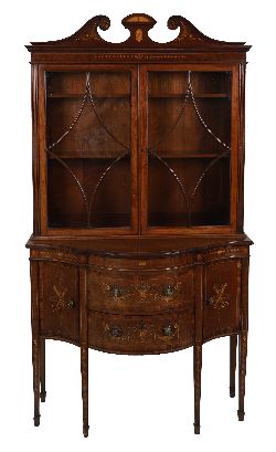 EDWARDIAN SHERATON REVIVAL MAHOGANY AND MARQUETRY DISPLAY CABINET