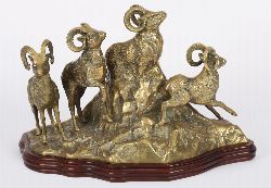 BRASS SCULPTURE GROUP OF MOUNTAIN RAMS
