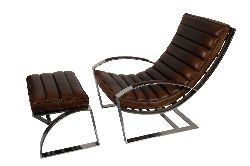 DESIGNER LEATHER AND CHROME ARMCHAIR WITH MATCHING STOOL