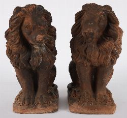 FINE PAIR OF 19TH-CENTURY CAST TERRACOTTA GARDEN LIONS