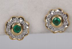 18 CARAT GOLD DIAMOND AND EMERALD CLUSTER EARRINGS