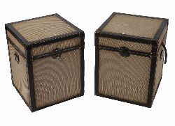 PAIR OF CANVAS AND LEATHER-BOUND STORAGE TRUNKS
