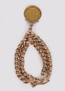 9 CT. GOLD BRACELET WITH 1867 SYDNEY MINT SOVEREIGN PENDANT