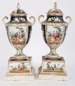 PAIR OF 19TH-CENTURY DRESDEN PORCELAIN URNS AND COVERS