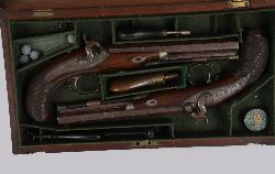 PAIR OF CASED PERCUSSION PISTOLS BY CALDERWOOD, DUBLIN
