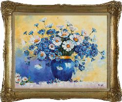 ENGLISH SCHOOL, STILL LIFE OF FLOWERS IN BLUE VASE, OIL ON CANVAS