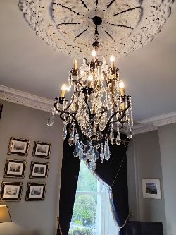 EIGHT-BRANCH METAL AND CRYSTAL CHANDELIER