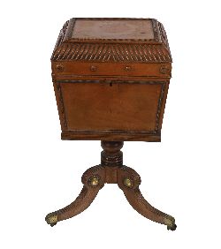 RARE CORK REGENCY PERIOD MAHOGANY TEAPOY WITH GADROONED HINGED LID
