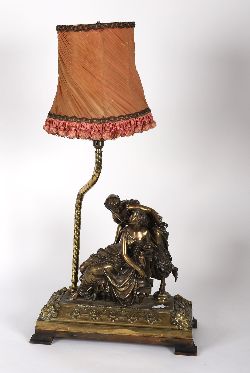 19TH-CENTURY GILT BRONZE FIGURAL LAMP - TWO LADIES WITH CONCEALED PUTTO
