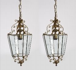 PAIR OF EDWARDIAN BRASS AND ENGRAVED GLASS HALL LANTERNS