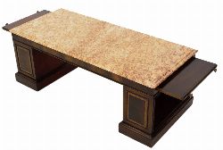 REGENCY STYLE MAHOGANY INLAID MARBLE TOP COFFEE TABLE WITH BRUSHING SLIDE