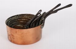 FINE SET OF SEVEN 19TH-CENTURY GRADUATED COPPER SAUCEPANS