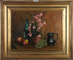 H. MOTTRAM, STILL LIFE WITH FLOWERS, FRUIT, AND BOTTLE