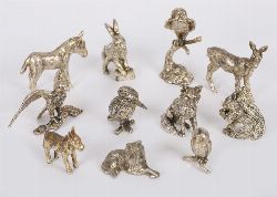 CHARMING COLLECTION OF SILVERED METAL MINIATURE ANIMALS AND BIRDS