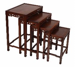 CHINESE HARDWOOD AND SILVER WIRE INLAID NEST OF FOUR TABLES