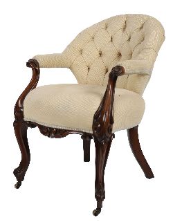 EARLY VICTORIAN MAHOGANY ARMCHAIR WITH DEEP BUTTONED SPOON-SHAPED BACK