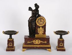 FRENCH EMPIRE BRONZE AND MARBLE FIGURAL CLOCK GARNITURE