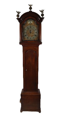 SUPERB GEORGIAN BRASS DIAL LONGCASE CLOCK BY THOS. BAKER, PORTSMOUTH, WITH MAHOGANY HOOD